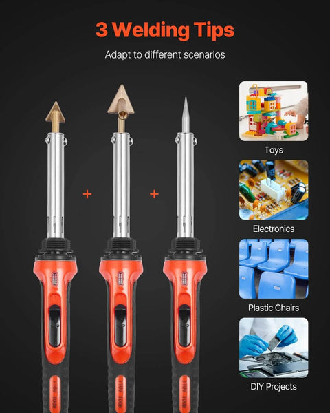 Dual Power Plastic Welder Kit With 60W And 100W Soldering Iron, three welding tips displayed, suitable for toys and electronics.