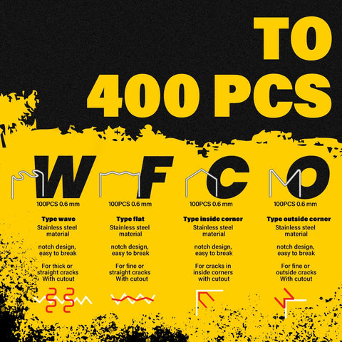 Infographic showing 400 PCS of staple types for 2 In 1 Plastic Welder Kit For Car Bumpers And Plastic Repairs, Yellow Allturn