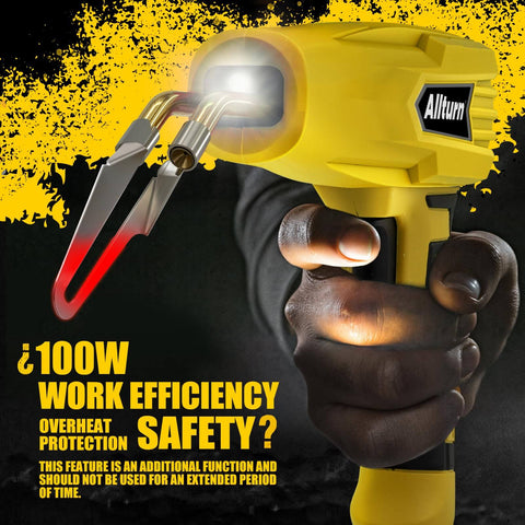 Close-up of Allturn 3 In 1 Plastic Welder Kit with 110V power, showcasing yellow handle and welding tips for car bumpers and thermoset plastics.