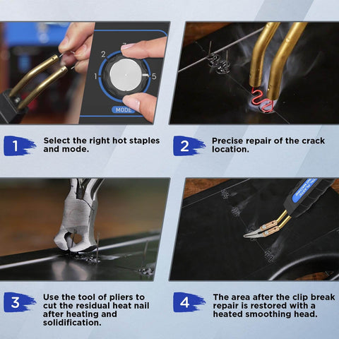 Plastic Welder Kit with 600 Hot Staples 110V Car Bumper Repair Welding Machine, step-by-step usage guide shown.