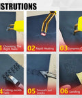 Steps of using 2 In 1 Plastic Welder Kit For Car Bumpers And Home Repairs With Hot Stapler, iron rods, and sanding accessory.