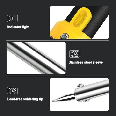 All In One 220W Plastic Welder Kit With 150W Iron showing indicator light, stainless steel sleeve, lead-free soldering tip