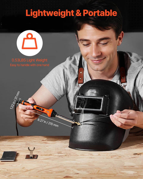 Person using the Dual Power Plastic Welder Kit With 60W And 100W Soldering Iron on a welding helmet.