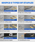 600pcs 6 types of staples for Plastic Welder Kit With 600 Hot Staples 110V Car Bumper Repair Welding Machine, including wave, flat, and corner staples