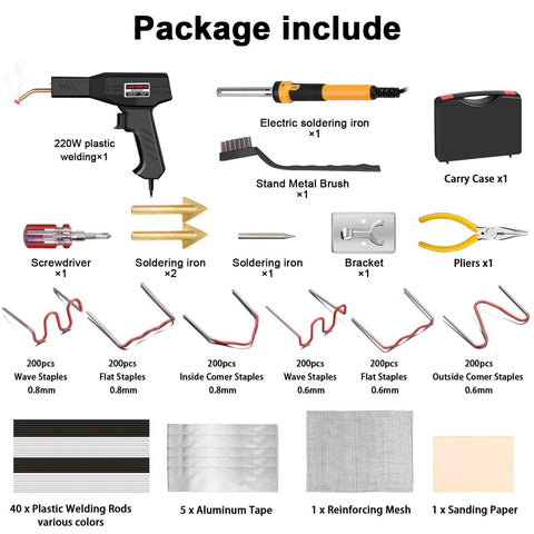 All In One 220W Plastic Welder Kit With 150W Iron, 1200 Staples, 40 Rods, 5 In 1 Tips, Tape, Sandpaper, Wire Mesh Stand, Metal Brush And Screwdriver for DIY Plastic Repairs and Car Bumper Repair package contents displayed.