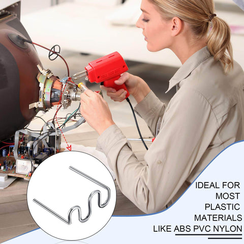 Person using hot staples welding wire kit for plastic repairs with 0.8 mm wave shape, tungsten steel, on electronic equipment