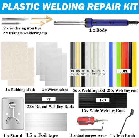 Powerful Pro Grade 100W Plastic Welding Kit For Car Bumpers And Plastic Repairs, featuring rods, tips, net, stand, and brush.