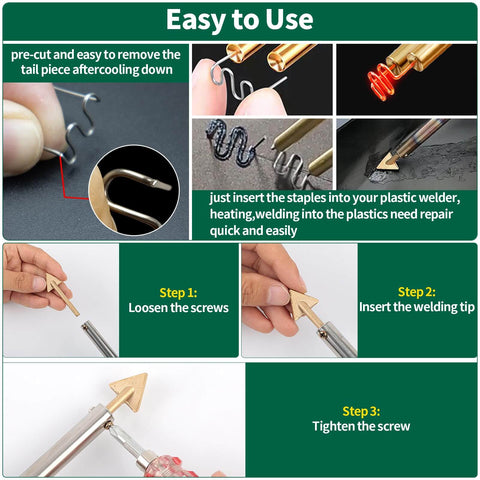 Steps to use 1206Pcs Plastic Welding Kit With Storage Box Pro Grade 0.6mm And 0.8mm Wave And Flat Staples Soldering Iron Tips Triangular Copper Head Welder Accessories For Car Bumper Repair