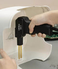 Person using Portable Plastic Welding Kit With LED Light, 200 Hot Staples, Hot Stapler And Assistive Cutter For Plastic Crack Repair on white plastic.