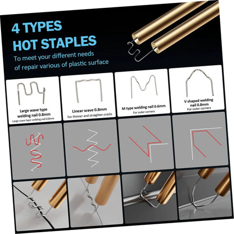 Image showing four types of welding nails for DIY Dope Hot Stapler Plastic Welding Kit With Staples For Quick Car Bumper And Headlight Repairs.
