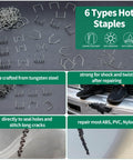 1206Pcs Plastic Welding Kit With Storage Box Pro Grade 0.6mm And 0.8mm Wave And Flat Staples, shown with staple types and uses.