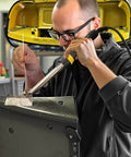 Person using 182 Piece Plastic Welding Rods Kit For Bumpers Kayaks Furniture And Toys, welding bumper with tool in workshop