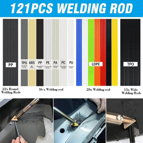 Powerful Pro Grade 100W Plastic Welding Kit For Car Bumpers And Plastic Repairs with 121 rods, welding tips, and usage examples