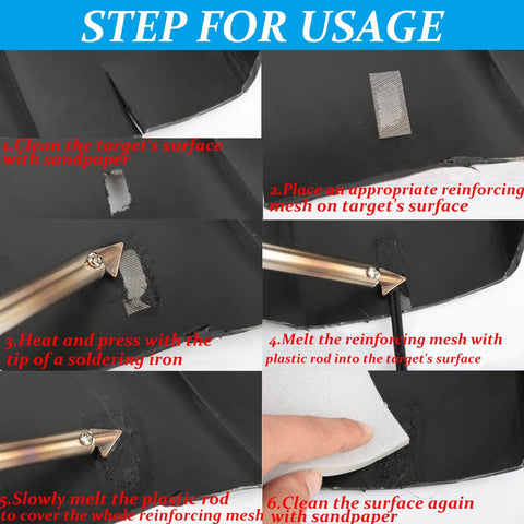 Usage steps of Powerful Pro Grade 100W Plastic Welding Kit for car bumper and plastic repairs, featuring tools and patch net application.