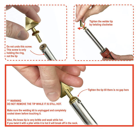 UL Certified 80W Plastic Welding Kit instruction on tightening brass welder tip, highlighting clockwise twist for auto bumpers, kayaks repair.