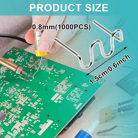 DIY Friendly 1000 Pack 0.8mm Wave Staples for Plastic Welding Repair Kit shown with a circuit board and tools for repairs.
