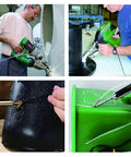 Four images showing the use of Forty Pieces Sixteen Inch Black HDPE Plastic Welding Rod One Eighth Inch Diameter for repairs.
