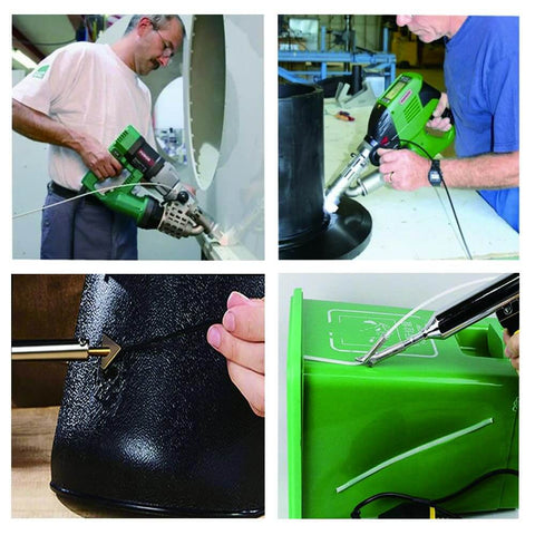 Four images showing the use of Forty Pieces Sixteen Inch Black HDPE Plastic Welding Rod One Eighth Inch Diameter for repairs.