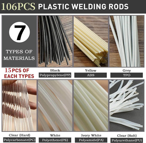 106 plastic welding rods for 7 types: polypropylene, ABS, TPO, polycarbonate, polyethylene, polyamide, polyurethane, shown in assorted colors.