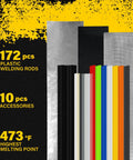 182 Piece Plastic Welding Rods Kit For Bumpers Kayaks Furniture And Toys with ABS PP HDPE rods shown next to accessories