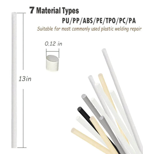 7 material types from 106 Pieces Plastic Welding Rods Kit With 12 Color Rods For Car Bumper And Kayak Repair, size comparisons included