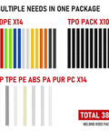 Welding rods pack showing multiples of LDPE, TPO, PP, TPE, PE, ABS, PA, PUR, PC for Two In One Plastic Welder Kit With 100W Welding Gun And Soldering Iron 110V 120V For Car Bumpers Cracks Kayaks And Plastic Toys A Handy DIY Repair Tool With 1000 Hot Staples For Quick At Home Fixes