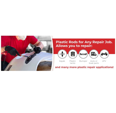 Long 13 Inch Plastic Welding Rods Pack for Pro DIY Repairs used on car bumper, showing versatility in repairs with 52 pieces and 7 types.