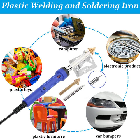Powerful Pro Grade 100W Plastic Welding Kit with four welding tips, ideal for car bumpers, toys, electronics, and furniture repairs