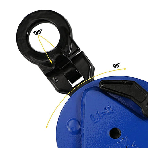 Close-up of Heavy Duty Vertical Plate Clamp for lifting and transporting up to 2200lbs with 0.8 inch jaw opening, showing rotation angles.