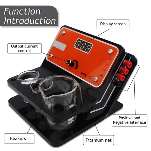 Pen Type Plating Machine Gold Plating Kit with display screen, beakers, titanium net, and output current control for jewelry repairs.