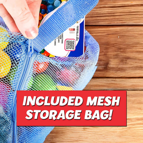 Hand holding zippered mesh storage bag with 200 Premium Crush-Resistant Play Balls for Ball Pits – Non-Toxic, BPA & Phthalate Free