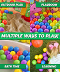 200 Premium Crush-Resistant Play Balls for Ball Pits – Non-Toxic, BPA & Phthalate Free, showcasing varied uses in colorful scenes