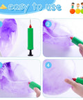 Inflating a purple 3 otters 6PCS Playground Ball, 8.5 Inches Beach Ball for Kids, with included green air pump in step-by-step images.