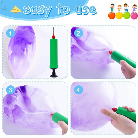 Inflating a purple 3 otters 6PCS Playground Ball, 8.5 Inches Beach Ball for Kids, with included green air pump in step-by-step images.