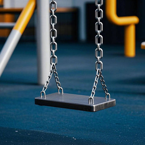 Swing set with 304 stainless steel link proof coil chain, showcasing durability in light duty applications for clothes hanging and theft prevention.