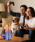 Couple playing video games with controller; Combo Pack Of 24 AA And AAA Batteries 12 Each 1.5V Alkaline Heavy Duty shown in foreground.