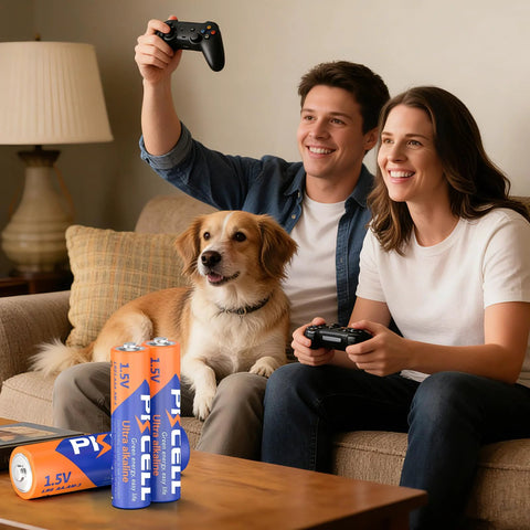 Couple playing video games with controller; Combo Pack Of 24 AA And AAA Batteries 12 Each 1.5V Alkaline Heavy Duty shown in foreground.
