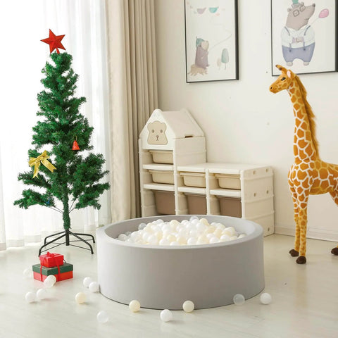 Ball Pit Balls Plastic Playballs for Baby Toddlers Kids Boys Girls Playhouse Decor Play Pool Fun Phthalate-Free BPA-Free Bath Toy White Beige Transparent,100 Balls in gray ball pit beside Christmas tree and toy giraffe in nursery room.