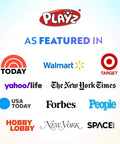 Playz logo featured in media outlets including Today, Walmart, Target, Yahoo, New York Times, Forbes, People, USA Today, Hobby Lobby, New York, Space.