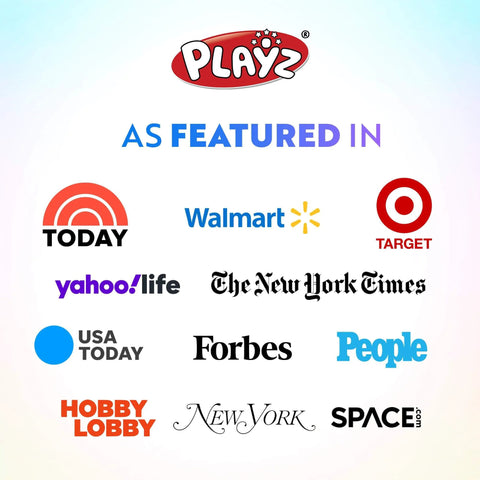 Playz logo featured in media outlets including Today, Walmart, Target, Yahoo, New York Times, Forbes, People, USA Today, Hobby Lobby, New York, Space.