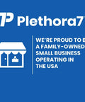 Graphic with Plethora7 logo, a store icon, and text stating 'We’re proud to be a family-owned small business operating in the USA.'