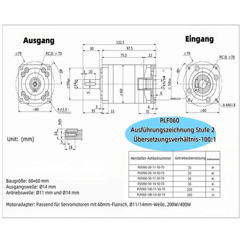 Technical drawing of PLF060 gearbox, 60 mm size, for rotary equipment and power transmission, showing dimensions and specifications.