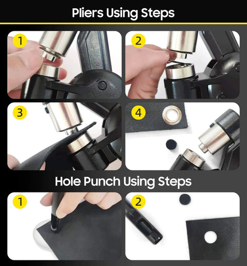 Step-by-step guide showing how to use pliers and a hole puncher on black material for fastening tasks.