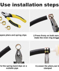 Installation steps for 260 Piece 6 To 25mm Fuel Line Hose Spring Clip Clamps Set with pliers and hose on display.