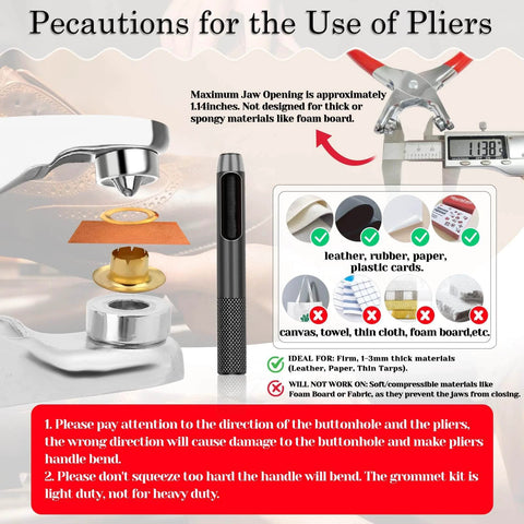 Usage instructions for pliers with caution not to use on thick or spongy materials; ideal for thin materials like leather and canvas.