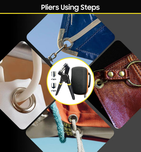 Image showing pliers tool kit for creating and reinforcing holes in various materials with steps and examples on different fabric types.