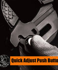 Close-up of 10 Inch Adjustable Pliers Wrench With Quick Adjust Push Button And Parallel Jaws From CRV Steel being adjusted.