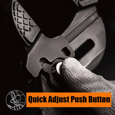 Close-up of 10 Inch Adjustable Pliers Wrench With Quick Adjust Push Button And Parallel Jaws From CRV Steel being adjusted.