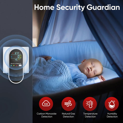 4 in 1 Plug In Gas and CO Detector with Temperature and Humidity Sensors installed near a baby crib, showing digital readings.