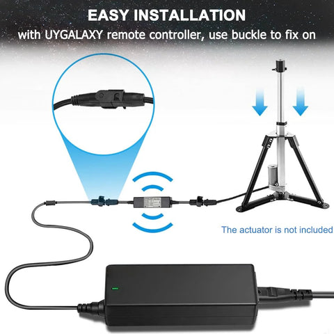 Plug And Play 12V Linear Actuator Controller Kit with UYGALAXY showing remote setup and power adapter for home automation use